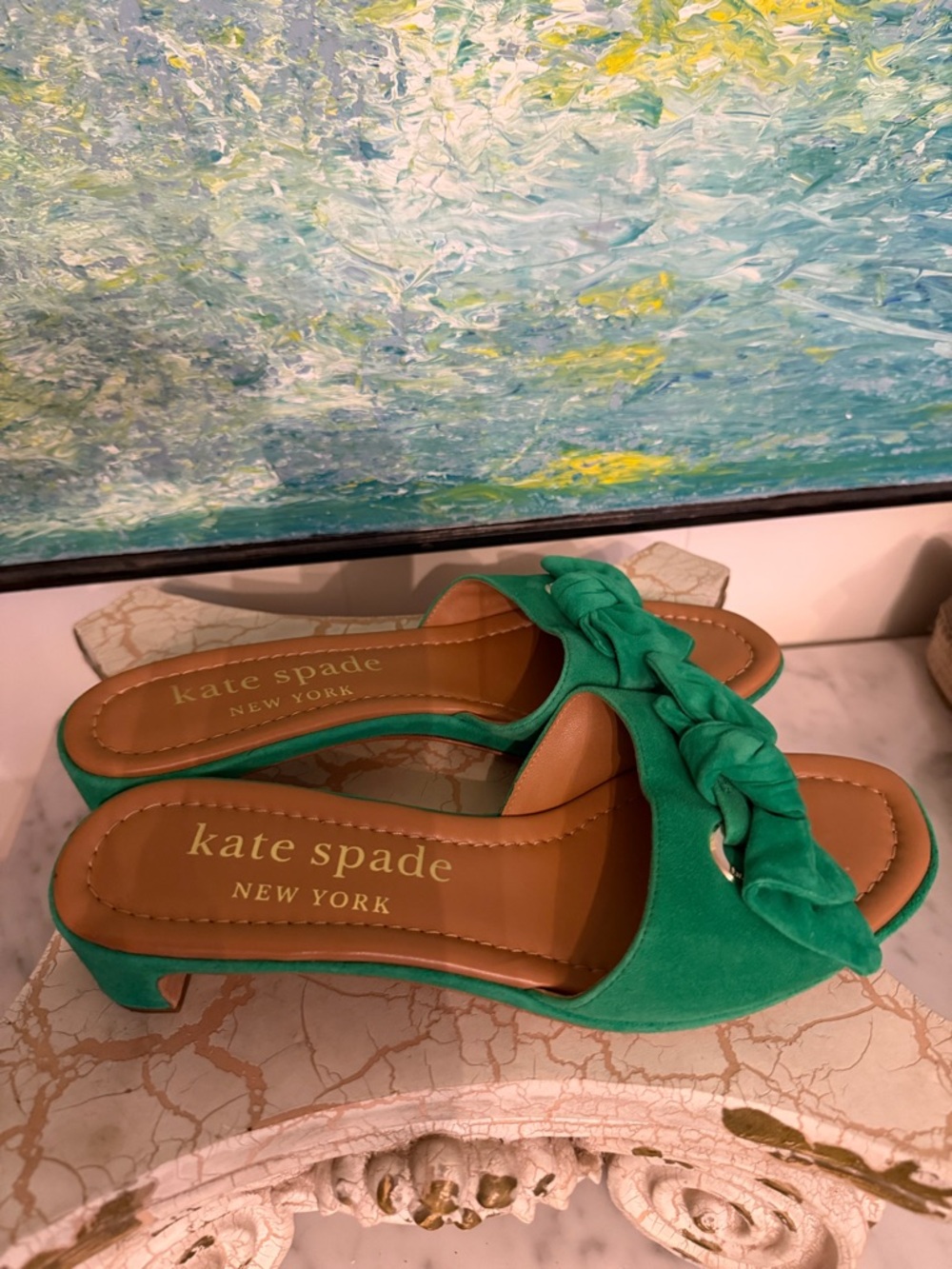 kate spade New York Kelly Green Suede Bow Sandals with Kitten Heels